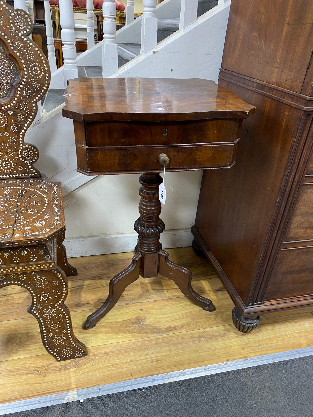 A 19th century French mahogany tripod work table, width 46cm, depth 38cm, height 77cm